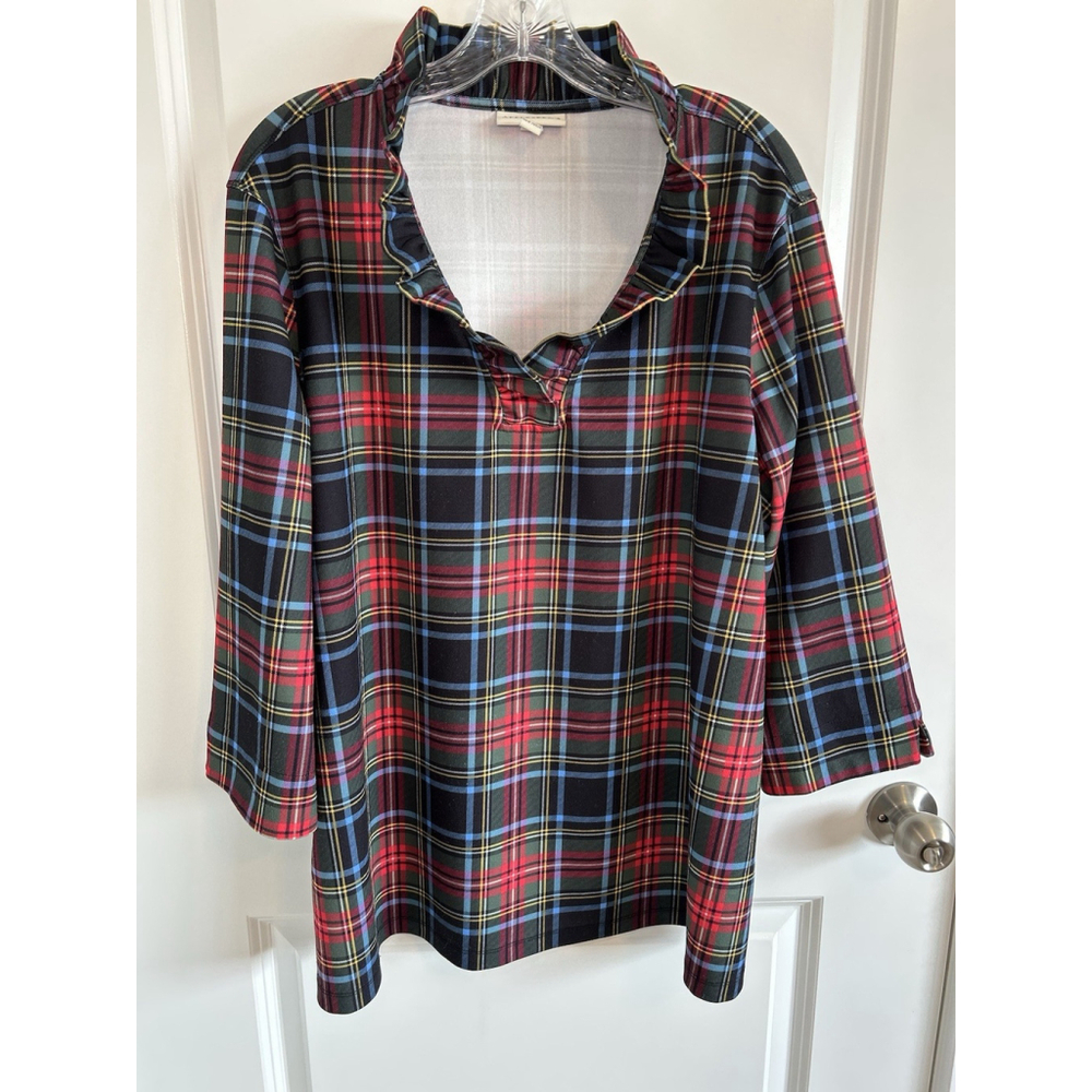 Appleseeds Ruffled Vneck Tartan Plaid tunic Blouse red green 3/4 Sleeves Sz XL
